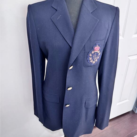 VTG Lauren Ralph Lauren navy blue crest logo academia wool Blazer gold buttons 4 - Picture 3 of 6